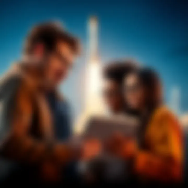 A group of diverse people discussing tech investment opportunities over a tablet, with SpaceX rockets in the background.