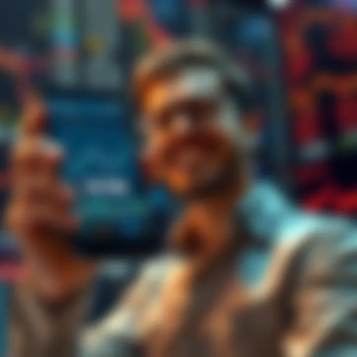 A person holding a smartphone displaying investment charts with a relaxed expression