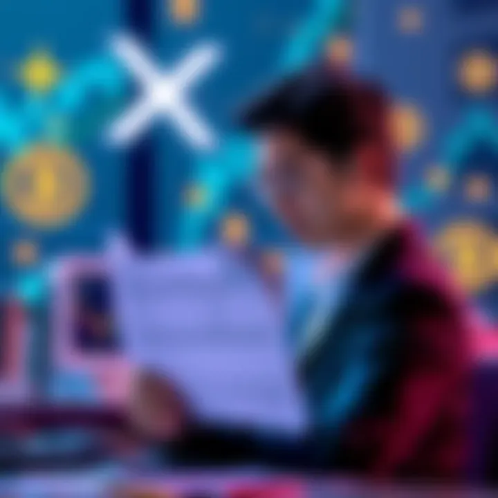 A person reviewing tax return paperwork while considering investing in XRP, with cryptocurrency symbols in the background