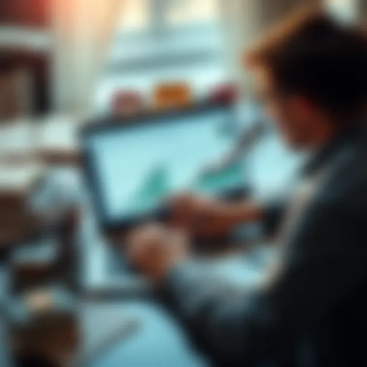 A person studying investment strategies on a laptop with graphs and charts showing growth, surrounded by financial books and resources