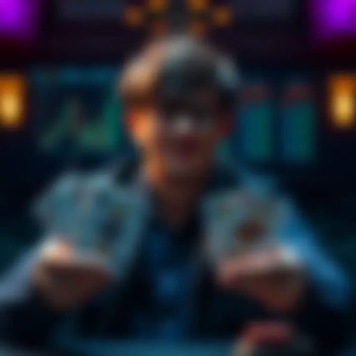 A person weighing the options between investing and gambling, with financial charts on one side and a deck of cards on the other.