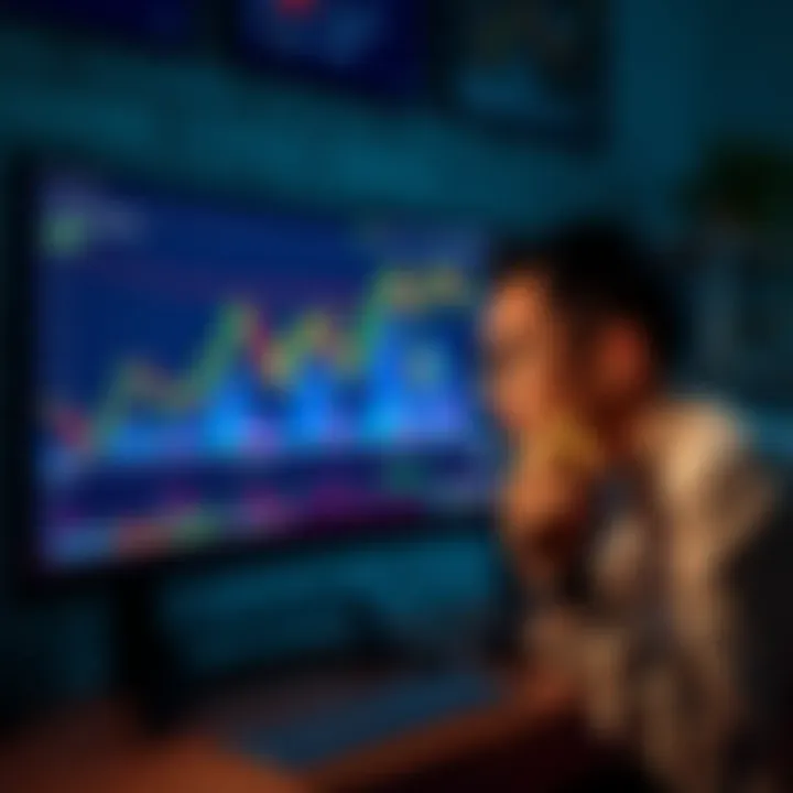 A person looking at fluctuating cryptocurrency graphs on a computer while holding a gold coin, showing skepticism about investment predictions.