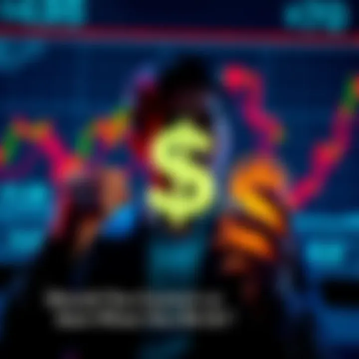 A person holding a dollar sign, considering whether to convert or save funds, with charts in the background showing market trends.