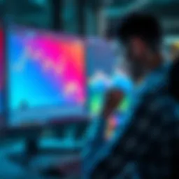 A businessperson reviewing stock charts with downward and upward trends on a computer screen, contemplating investments.