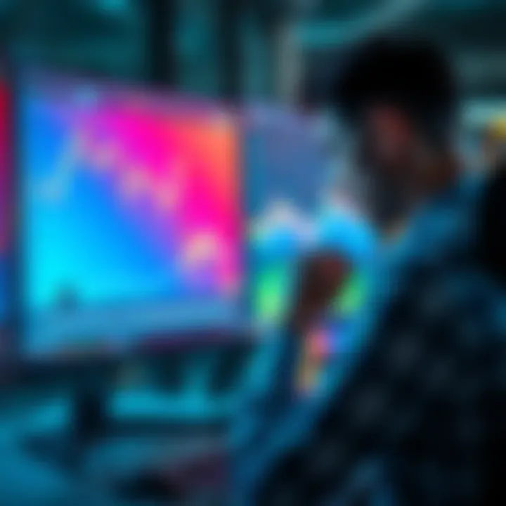 A businessperson reviewing stock charts with downward and upward trends on a computer screen, contemplating investments.