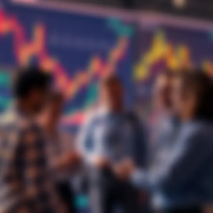 A group of people discussing investment strategies with graphs and charts in the background