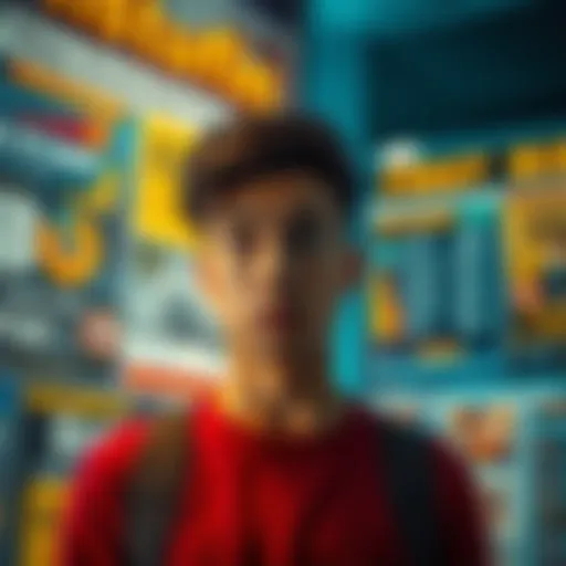 A person looking at flashy advertisements for investment opportunities, highlighting high returns and promises of easy money, with a worried expression indicating concern about the risks involved.