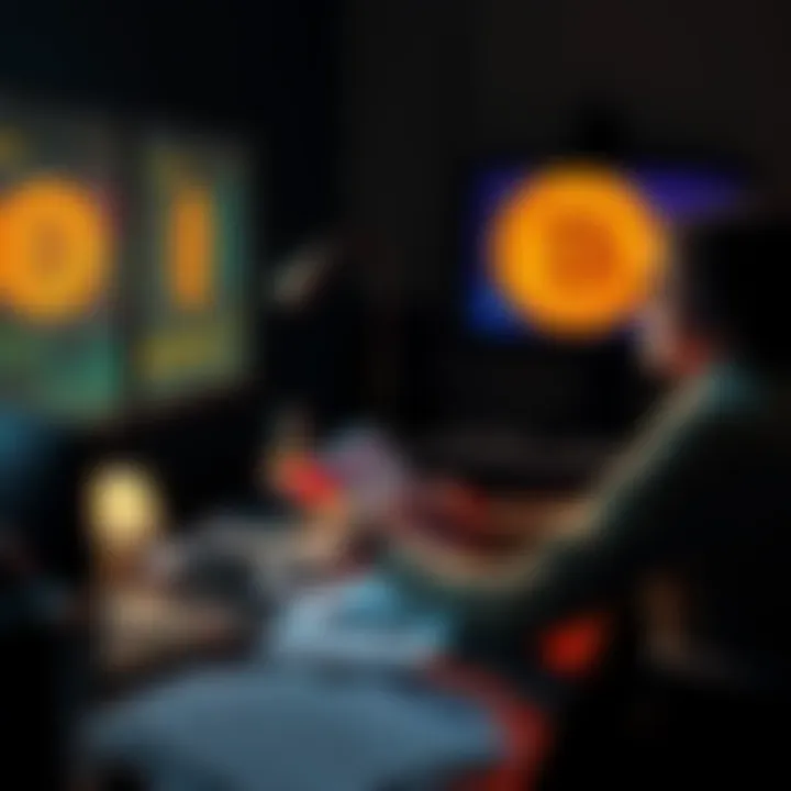 A person sitting at a desk, looking at old investment magazines and papers with Bitcoin and alternative options visible on the screen.