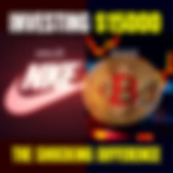 A split image showing a Nike logo on one side and a Bitcoin symbol on the other, highlighting the contrast in their investment growth since 2013.