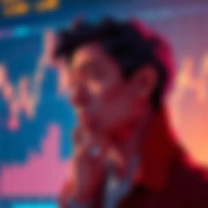 A person contemplating an investment strategy, with a graph showing Butcoin's performance in the background.