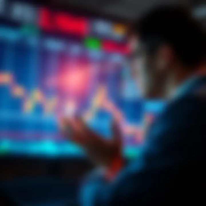 A person pondering over financial charts and a declining stock graph while considering an investment during a market dip.