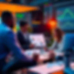 A group of people discussing investment strategies over a table with charts and graphs.