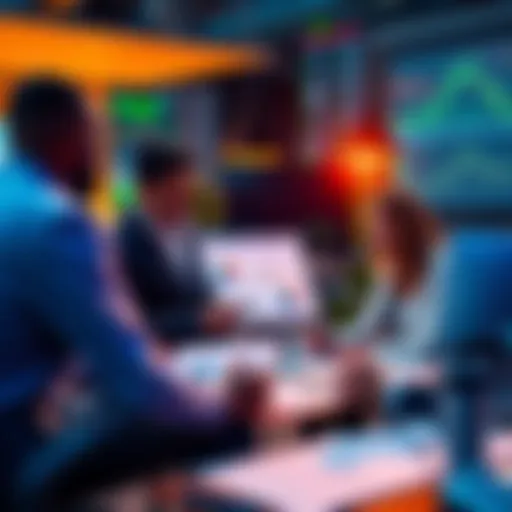 A group of people discussing investment strategies over a table with charts and graphs.
