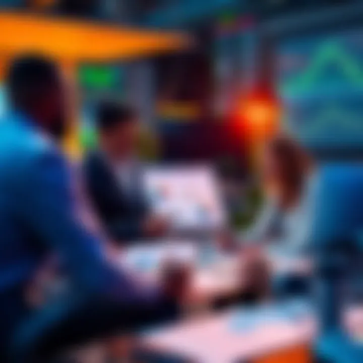 A group of people discussing investment strategies over a table with charts and graphs.