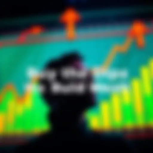 A person looking thoughtfully at stock market charts with rising graphs and downward arrows, symbolizing buying the dips to increase wealth.