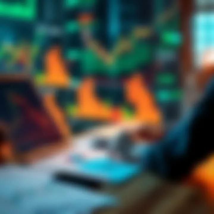 A person analyzing charts and graphs related to market trends, with a laptop and financial documents on a desk.