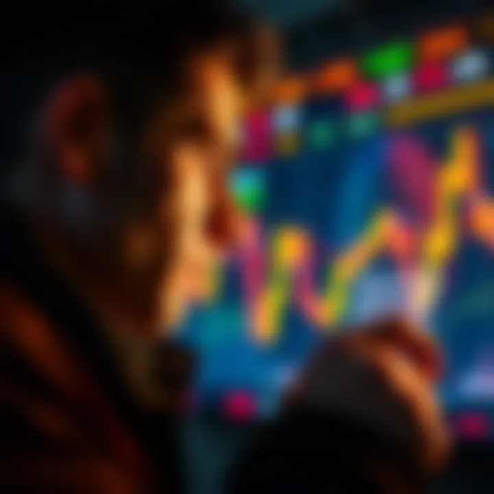 A person looking at a stock market chart showing declining prices with a determined expression, symbolizing patience and strength in investing