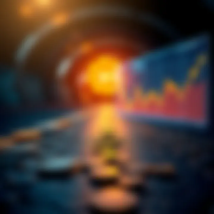 A split path showing gold and silver coins on one side and a graph indicating market volatility on the other side, representing different investment mindsets.