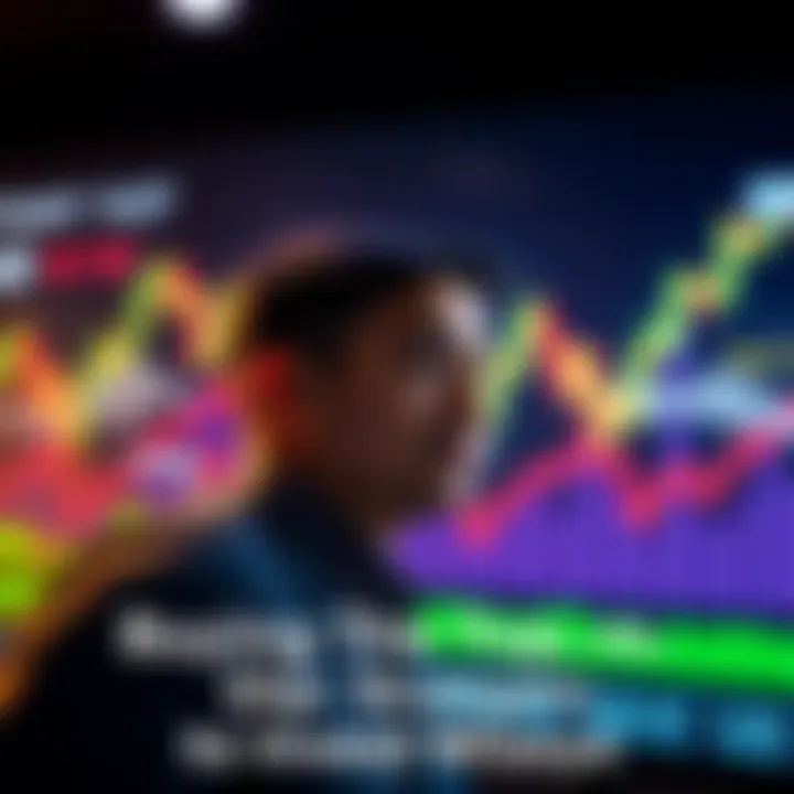 A person is considering investment options with a chart showing market peaks and dips in the background