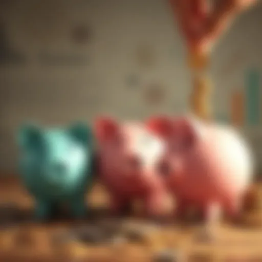 Three piggy banks representing daily, weekly, and fortnightly investments with coins being added to each