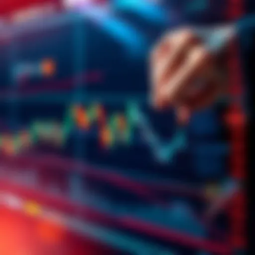 A stock market chart showing declining prices with a hand pointing at a low point, symbolizing investment opportunities amid conflict.