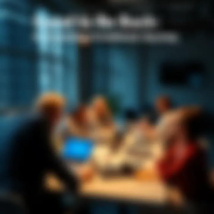A group of people engaged in a lively discussion about investment strategies, sharing ideas and strategies while seated around a table with laptops and notepads.