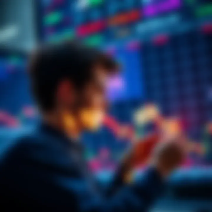 A person contemplating investing money while looking at stock market graphs showing a decline