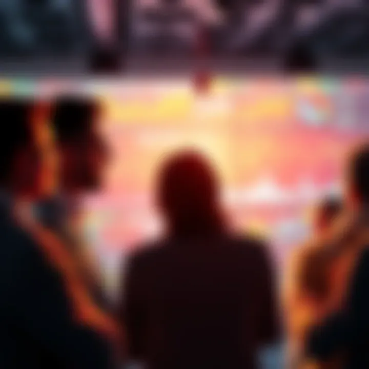 A group of investors discussing financial strategies with charts and graphs displayed on a screen in the background