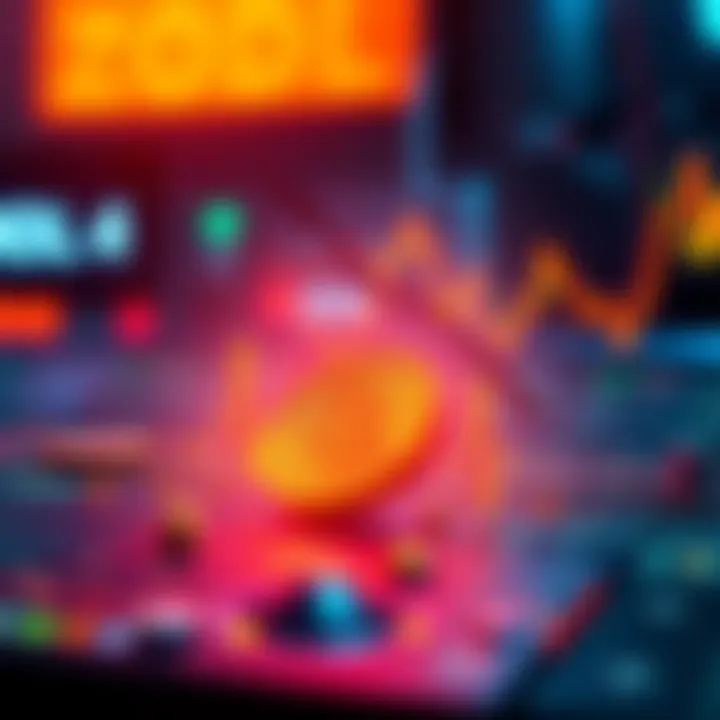 A graphic showing a digital currency symbol with a fluctuating graph, representing high risks and potential gains.