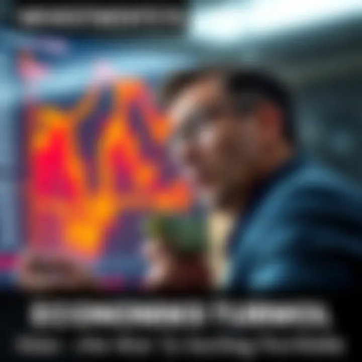 A worried investor watches stock prices drop on a digital screen with cash in hand, reflecting concern over financial decisions during conflict.