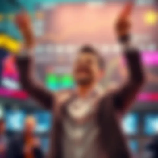 An investor smiles and raises their arms in victory after making a significant profit from selling stocks at the market peak.