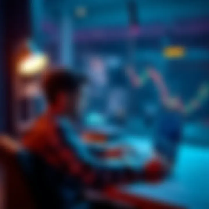 A person sitting at a desk looking at a laptop with a Bitcoin chart on the screen, pondering their investment decision.