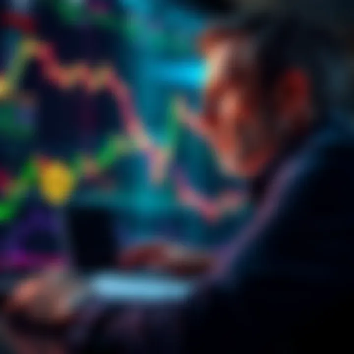 An investor looks at a financial chart showing Bitcoin and Ethereum values, pondering the future of cryptocurrency investments.