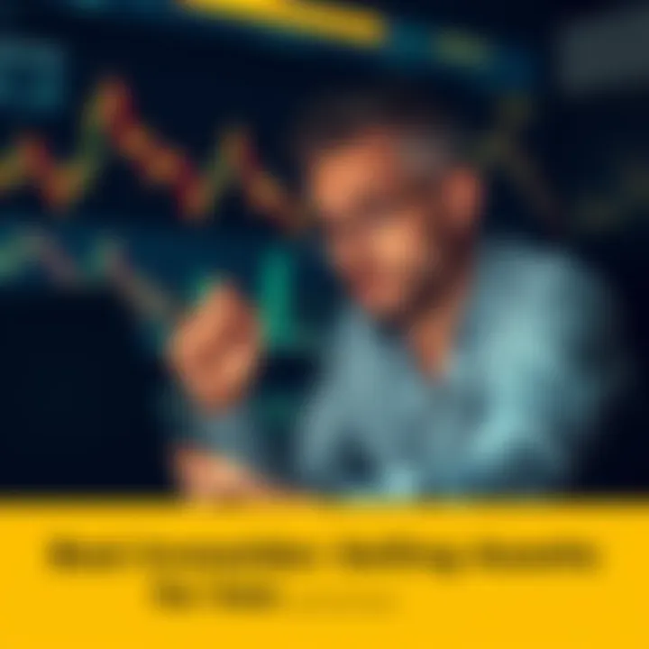 A frustrated investor looking at financial data on a laptop, pondering selling assets for a loss to invest in cryptocurrencies, with charts showing fluctuations in the background.