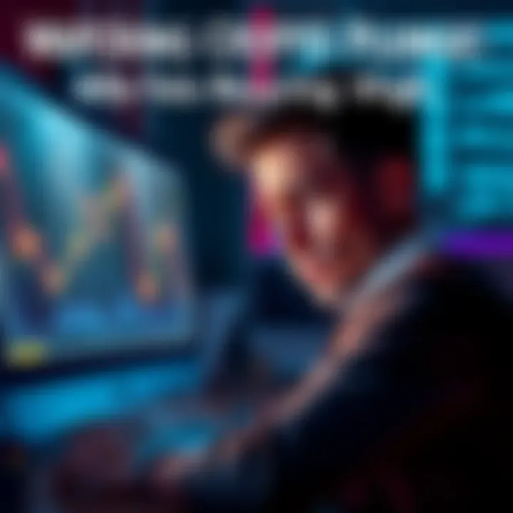 A frustrated investor looking at a computer screen displaying declining cryptocurrency charts, capturing the emotional struggle of watching investments drop in value after high purchases.