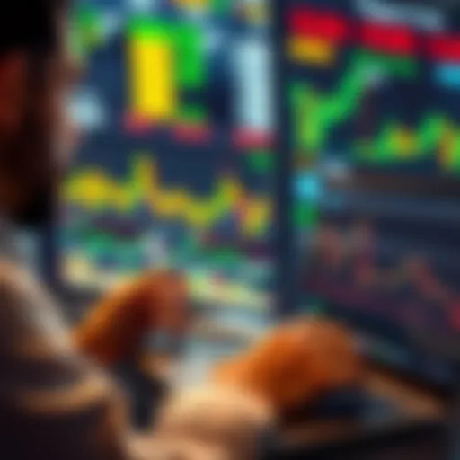 A person reviews stock data on a laptop with charts showing AI stock performance in the background.
