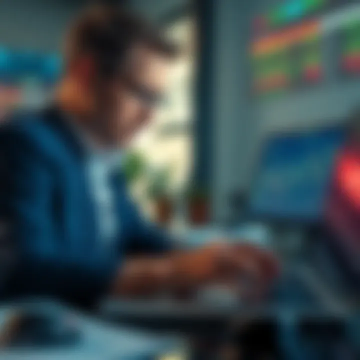 A focused investor looking at a stock chart on a laptop, planning to buy after a price drop.