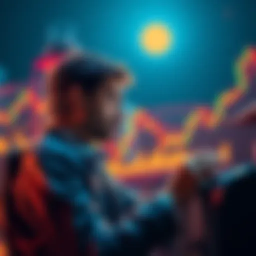 An investor contemplating cryptocurrency mining with charts and coins in the background, showing a mix of hope and uncertainty.