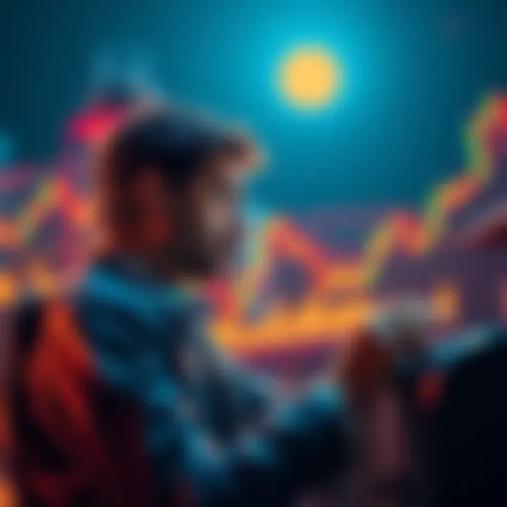 An investor contemplating cryptocurrency mining with charts and coins in the background, showing a mix of hope and uncertainty.