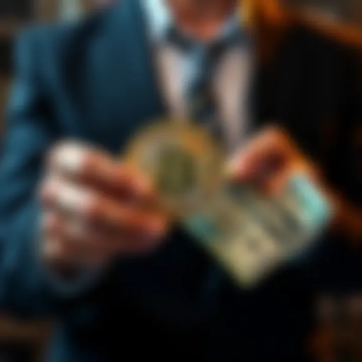 A person holding a Bitcoin in one hand and cash in the other, symbolizing choices in cryptocurrency investment