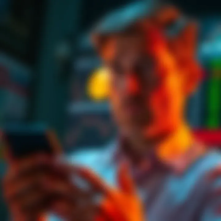 A worried investor holding a smartphone with Bitcoin charts showing a drop in price