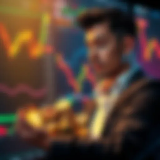 An investor confidently purchasing cryptocurrency coins with market charts in the background, showing recent price movements. He appears focused and determined in his strategy.