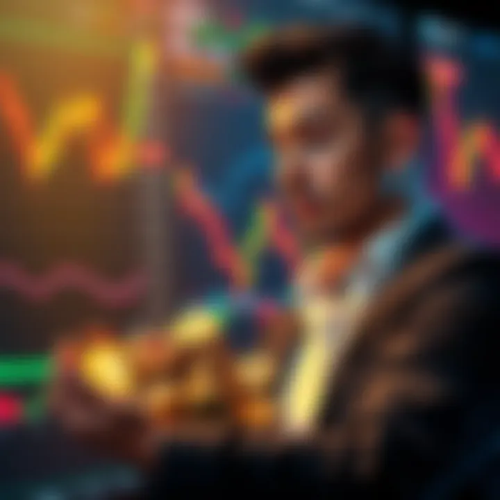 An investor confidently purchasing cryptocurrency coins with market charts in the background, showing recent price movements. He appears focused and determined in his strategy.