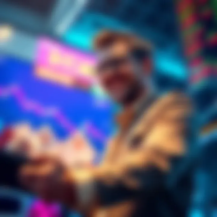 Investor Buying Stocks at Discount An investor happily purchasing stocks at a 50% discount to lower investment costs.