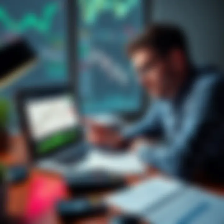 A worried investor looking at stock charts on a laptop, contemplating the risks of holding a long position, with a calculator and financial documents on the table.