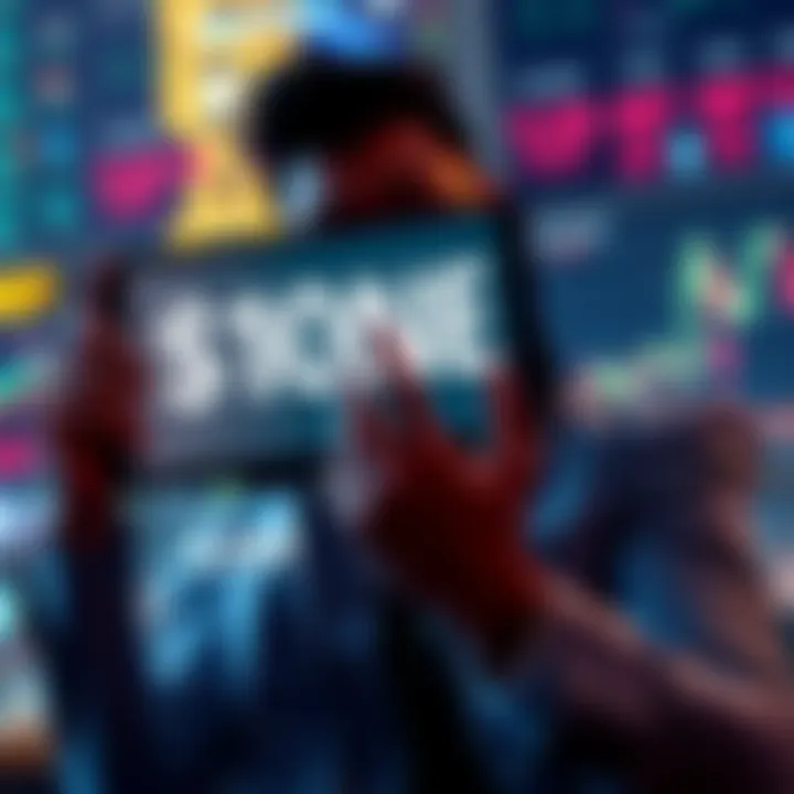 Investor celebrating growth in $ONE tokens An excited investor holding a digital screen showing 10 million $ONE tokens with a graph showing rising prices in the background