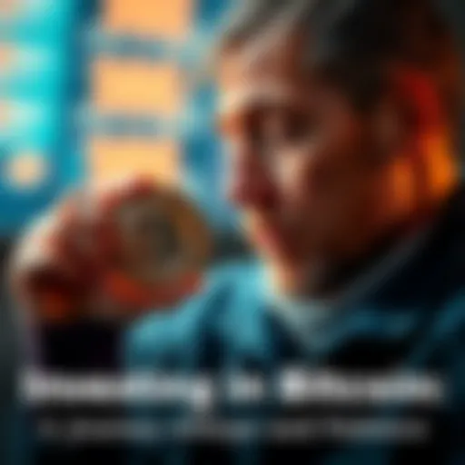 A man looking at a Bitcoin coin with a thoughtful expression, symbolizing hope and patience in investing.