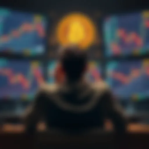 A distressed investor sits in front of multiple screens showing falling Bitcoin prices, looking contemplative while holding their head in their hands.