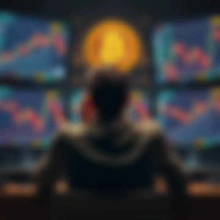 Investor Holding Bitcoin Amid Losses A distressed investor sits in front of multiple screens showing falling Bitcoin prices, looking contemplative while holding their head in their hands.