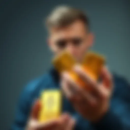 A person holding gold bars with a worried expression, symbolizing the shift from cryptocurrency to gold investment during market uncertainties.